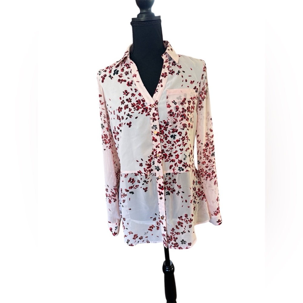 CANDIE'S Made to Sparkle Hi Lo Blossoms Sheer Long Sleeve Top Peach Sz S